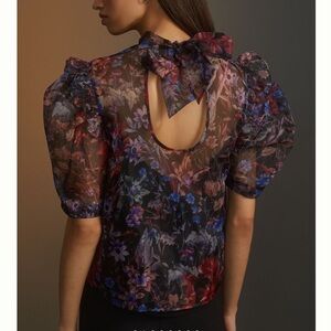 Anthropologie Puff-Sleeve Organza Blouse Maeve Short-Sleeve Black Floral NEW SM